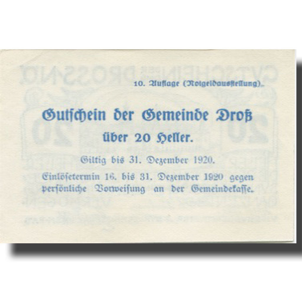 Banknote, Austria, Dross, 20 Heller, château, 1920 UNC(63) Mehl:FS 135.4