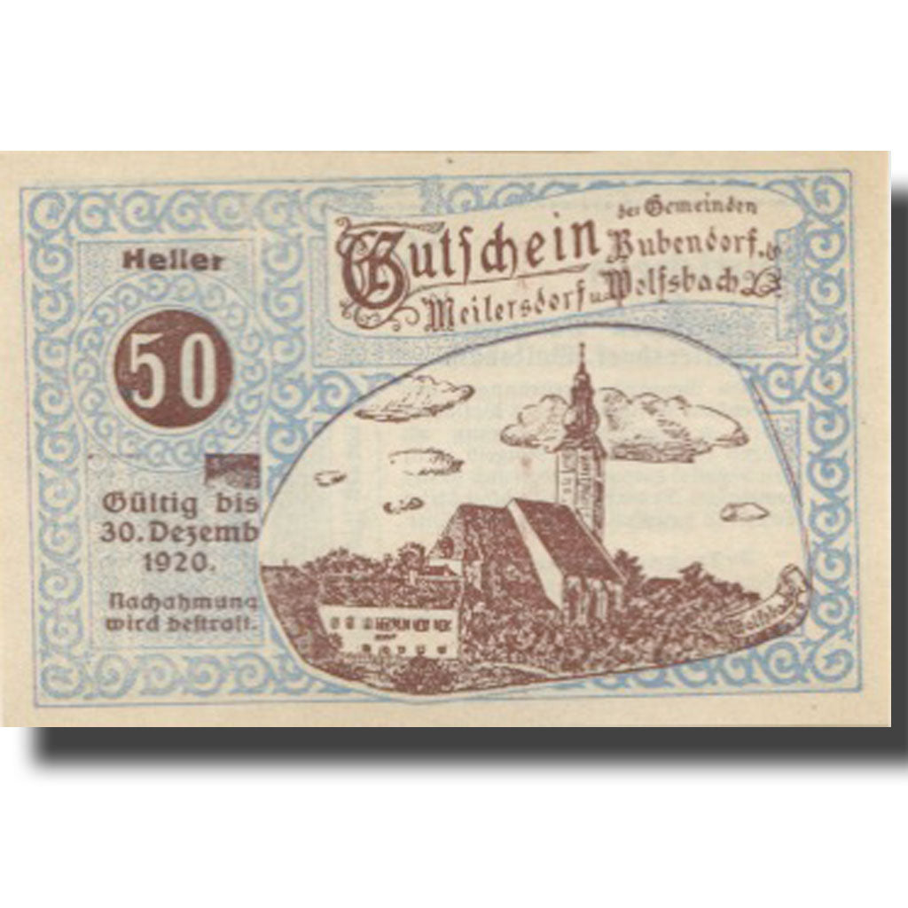 Banknote, Austria, Bubendorf, 50 Heller, Eglise, 1920 UNC(63) Mehl:FS 112d