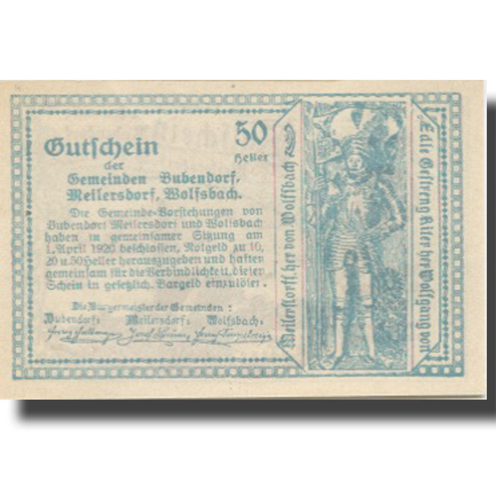Banknote, Austria, Bubendorf, 50 Heller, Eglise, 1920 UNC(63) Mehl:FS 112d
