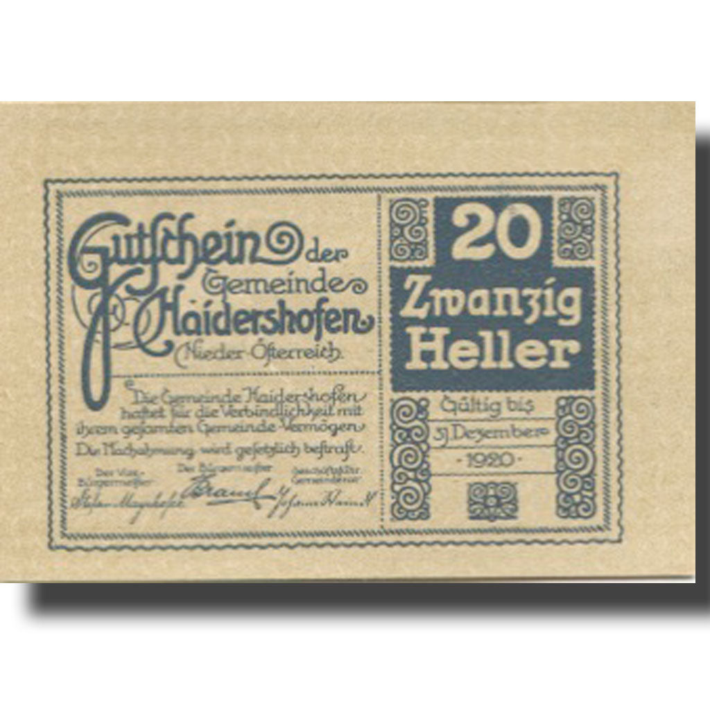 Banknote, Austria, Haidershofen, 20 Heller, paysage, 1920 UNC(63) Mehl:FS 335Ib