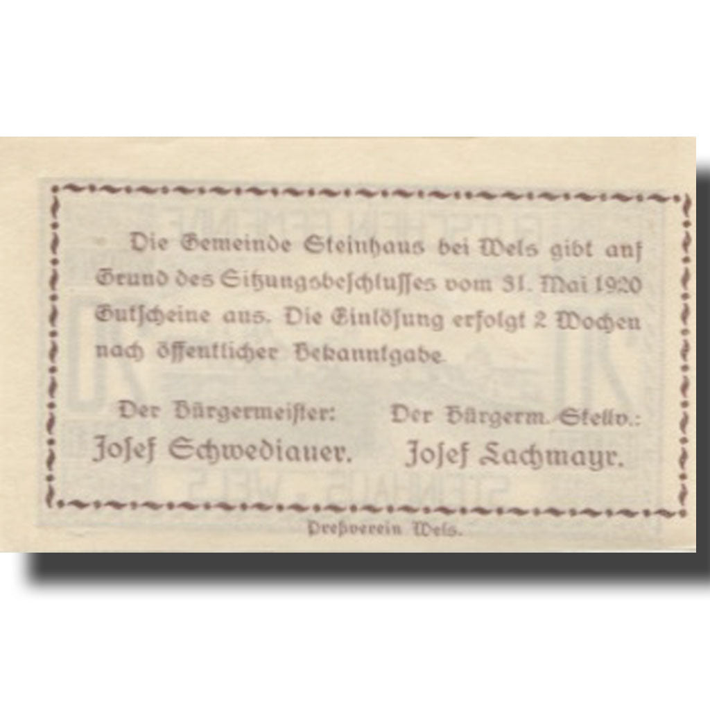 Banknote, Austria, Steinhaus, 20 Heller, paysage, 1920 UNC(63) Mehl:FS 1030Ia