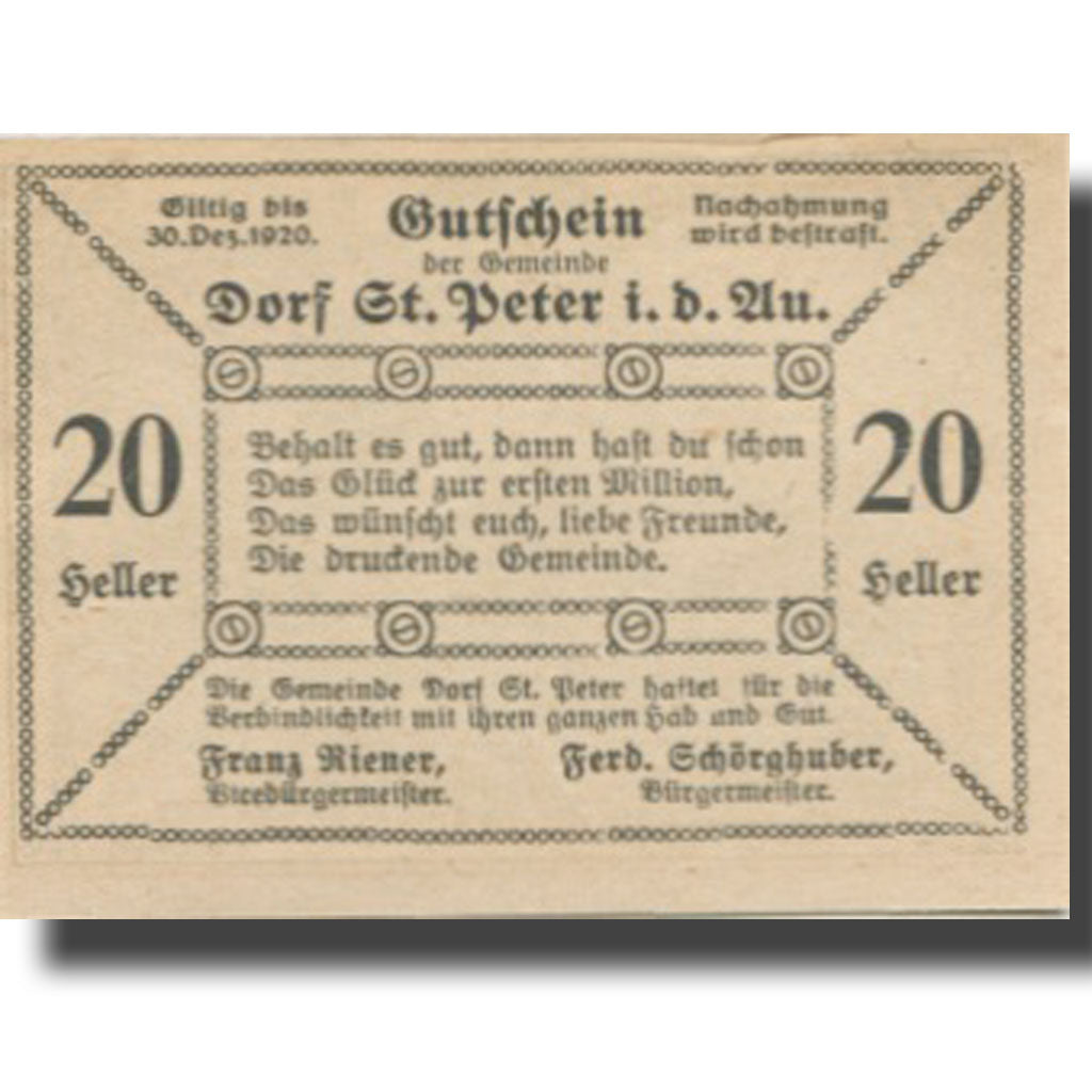 Banknote, Austria, St Peter i/d Au, 20 Heller, champs 1920 UNC(63) Mehl:FS 923Ac