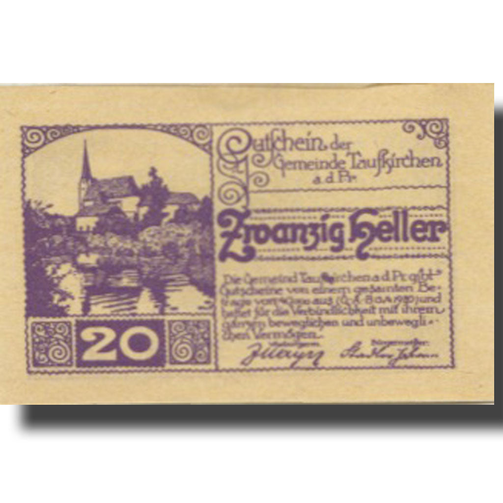 Banknote, Austria, Taufkirchen a/d Pram 20 Heller, Eglise, 1920 UNC(63) FS 1058d