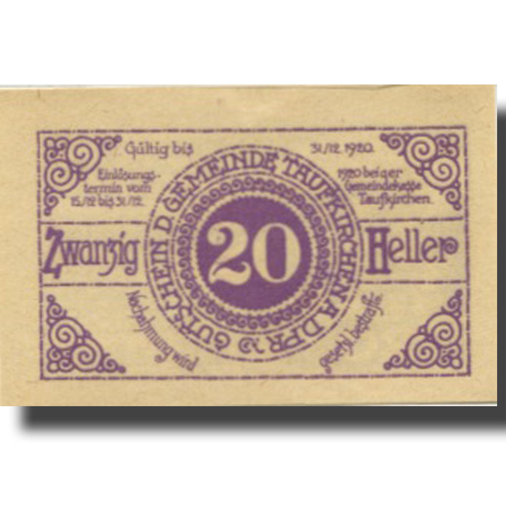 Banknote, Austria, Taufkirchen a/d Pram 20 Heller, Eglise, 1920 UNC(63) FS 1058d