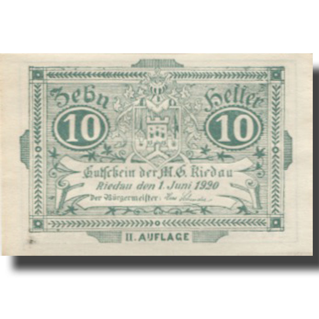 Banknote, Austria, Riedau, 10 Heller, Blason 1920-12-31, UNC(63), Mehl:FS 837II
