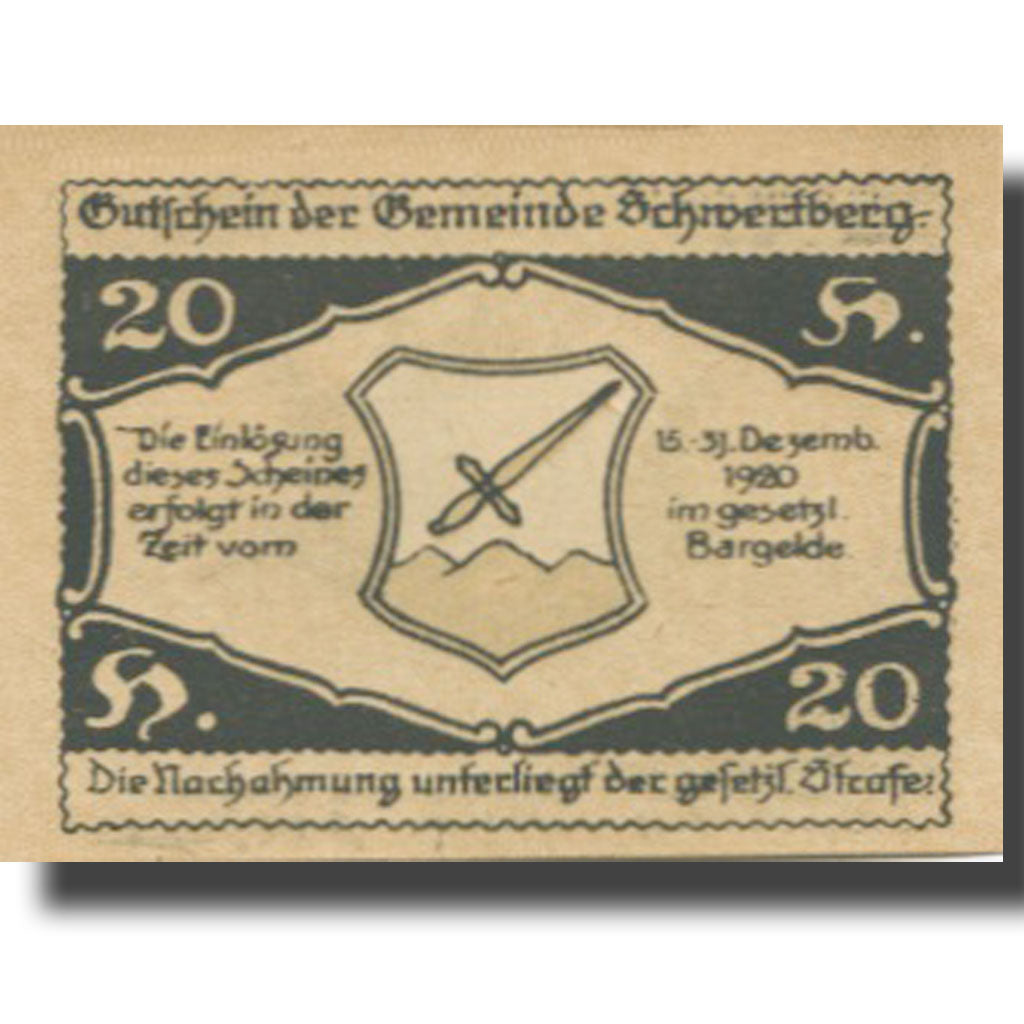 Banknote, Austria, Schwertberg, 20 Heller, Blason, 1920 UNC(63) Mehl:FS 984Ia
