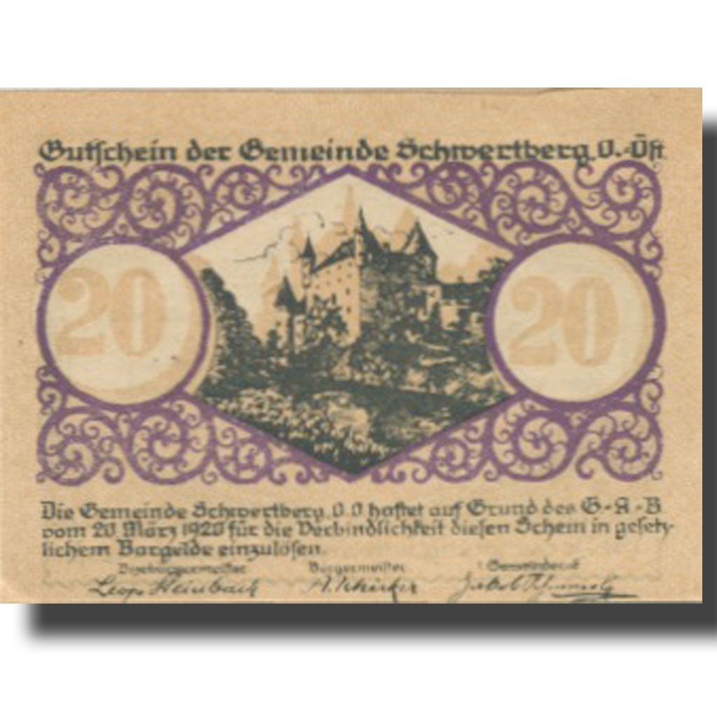 Banknote, Austria, Schwertberg, 20 Heller, Blason, 1920 UNC(63) Mehl:FS 984Ia