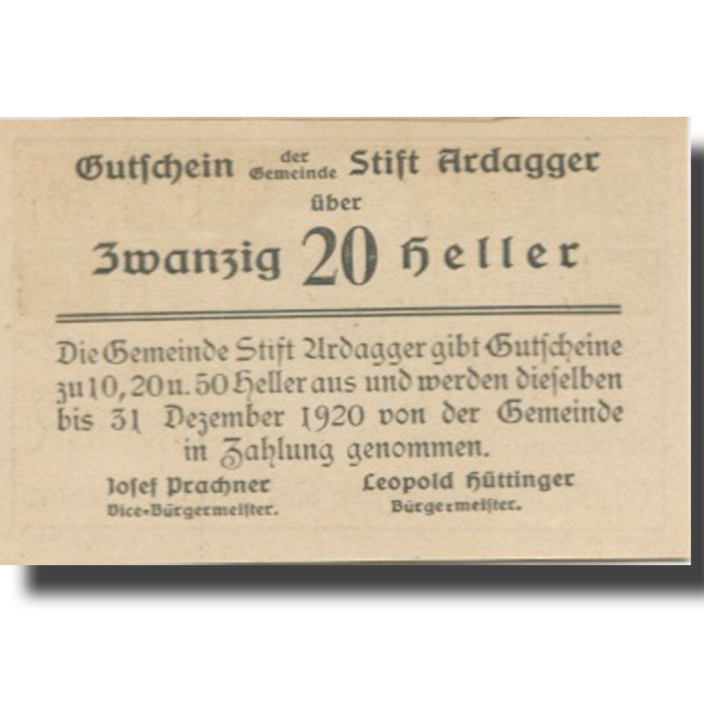 Banknote, Austria, Stift Ardagger, 20 Heller, Eglise, 1920 UNC(63) Mehl:FS 51Ac