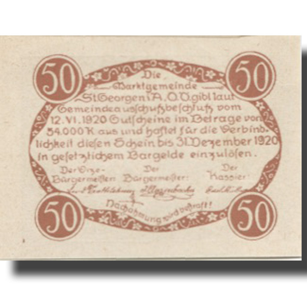 Banknote, Austria, St Georgen 50 Heller, personnage, 1920 UNC(63) Mehl:FS 888IIa