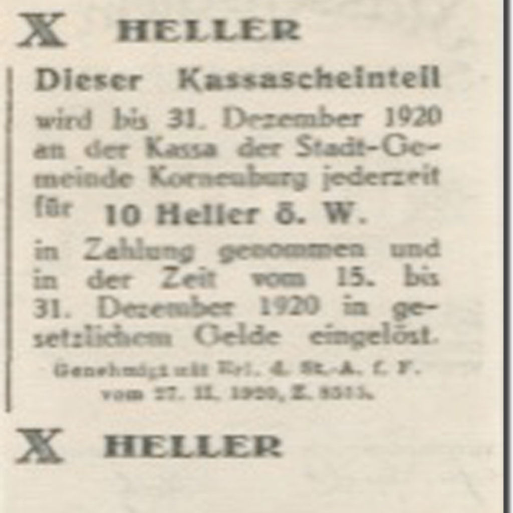 Banknote, Austria, Korneuburg, 10 Heller face value1920 UNC(63) Mehl:FS 466a
