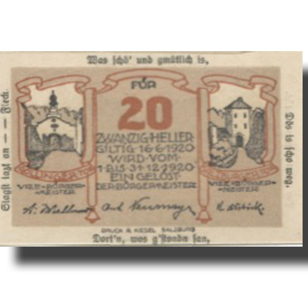 Banknote, Austria, Hallein, 20 Heller, Eglise, 1920 UNC(63) Mehl:FS 344IIa
