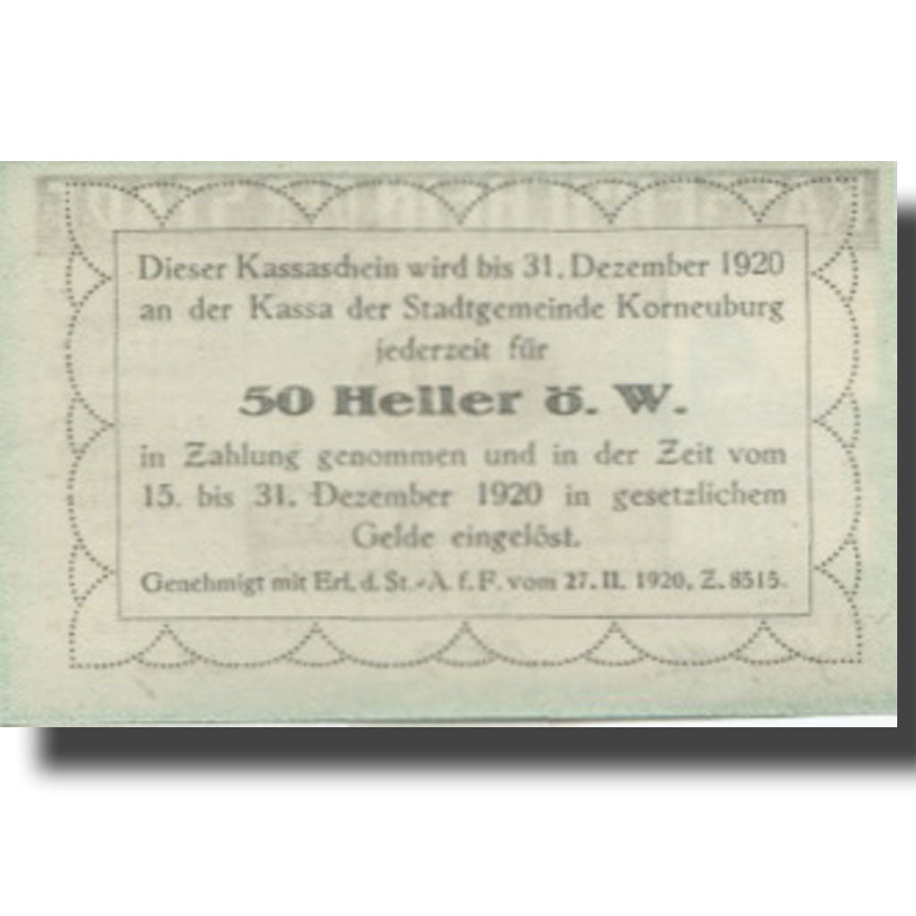Banknote, Austria, Korneuburg, 50 Heller, château, 1920 UNC(63) Mehl:FS 466b