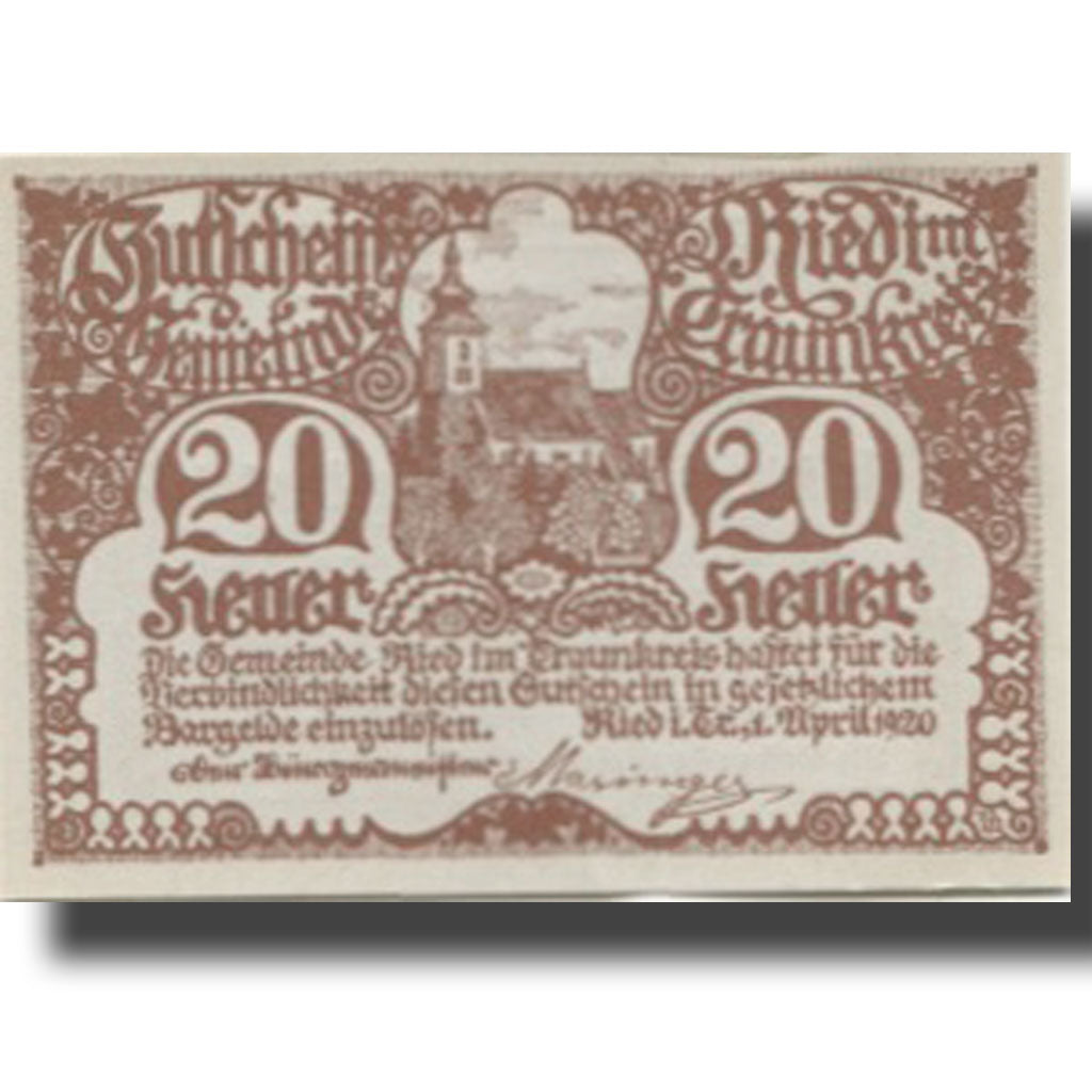 Banknote, Austria, Ried, 20 Heller, Eglise, 1920 UNC(63), Mehl:FS 836Ib