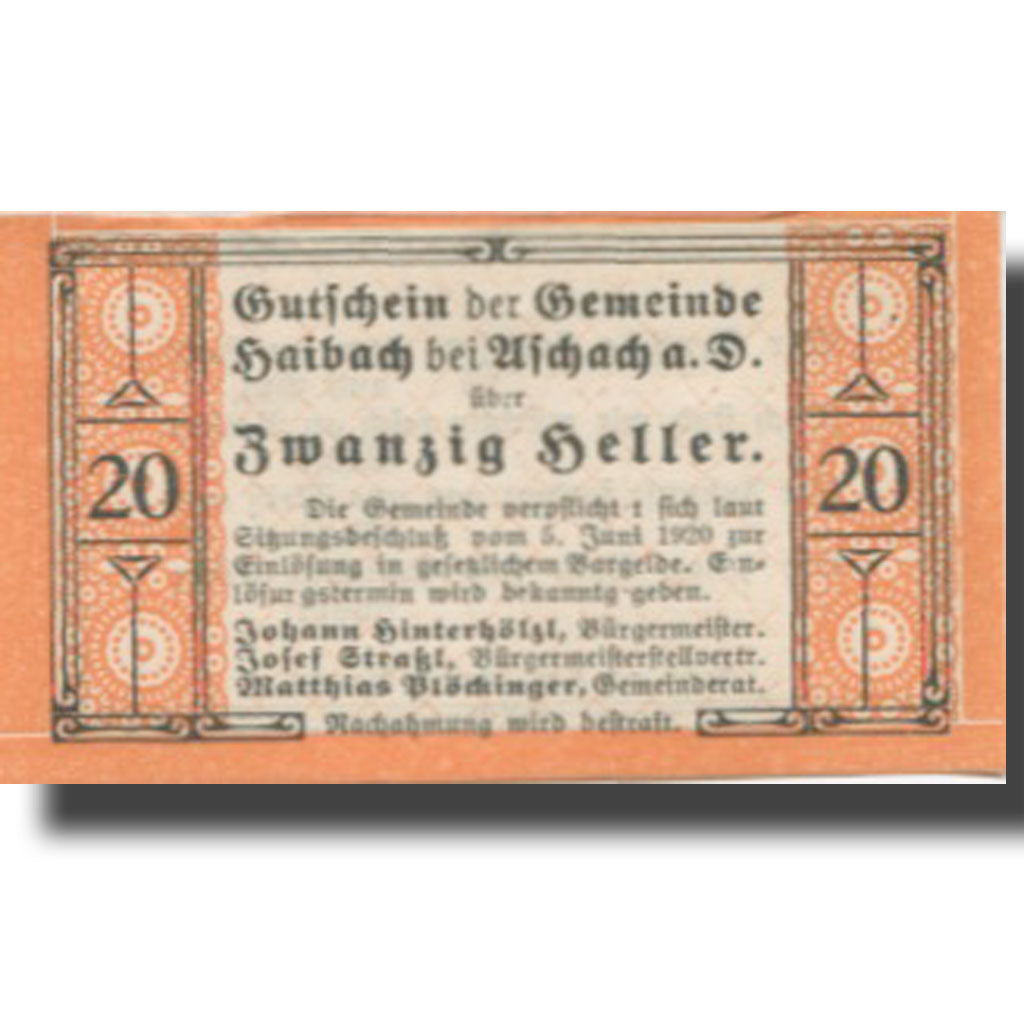 Banknote, Austria, Aschach 20 Heller 1920 face value UNC(63) Mehl:FS 332IbA