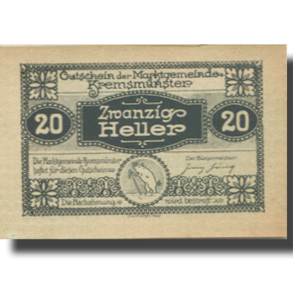Banknote, Austria, Kremsmunster, 20 Heller château, 1920 UNC(63) Mehl:FS 476IIIa