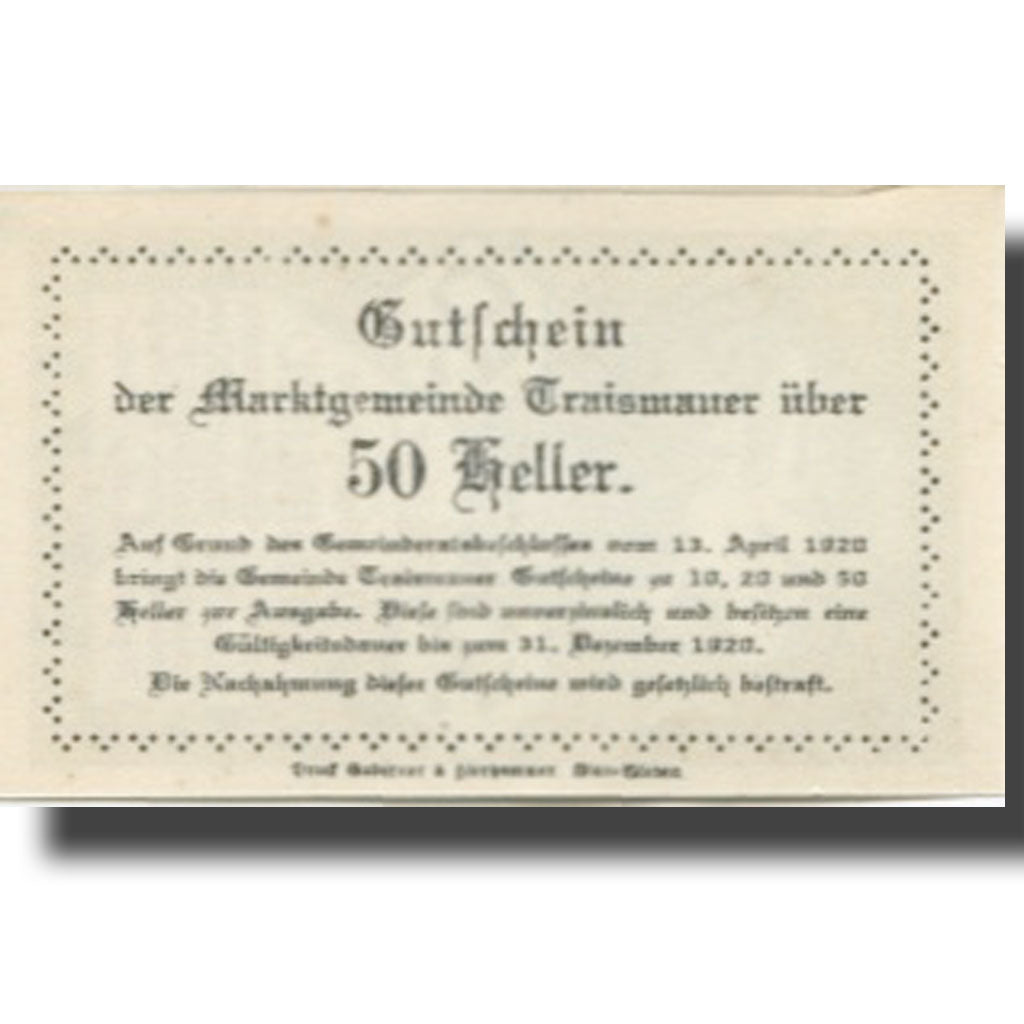 Banknote, Austria, Traismauer, 50 Heller, Eglise, 1920 UNC(63) Mehl:FS 1078II