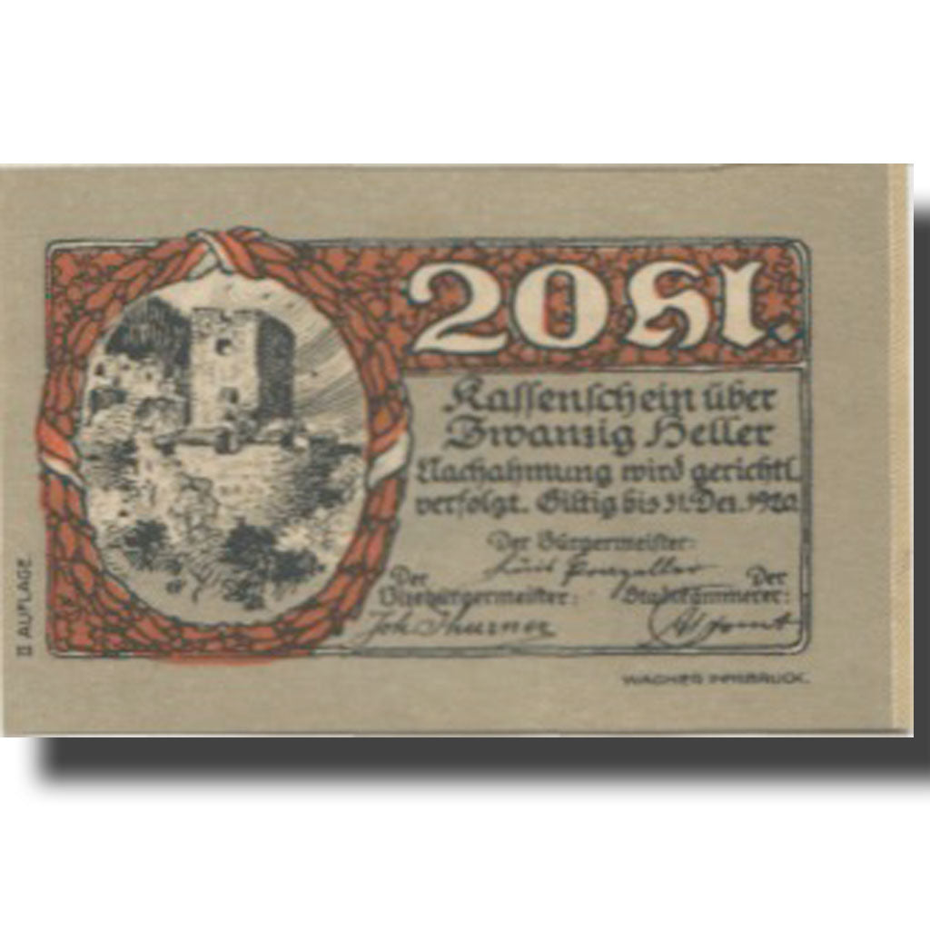Banknote, Austria, Rattenberg, 20 Heller, château, 1920 UNC(63) Mehl:FS 821II