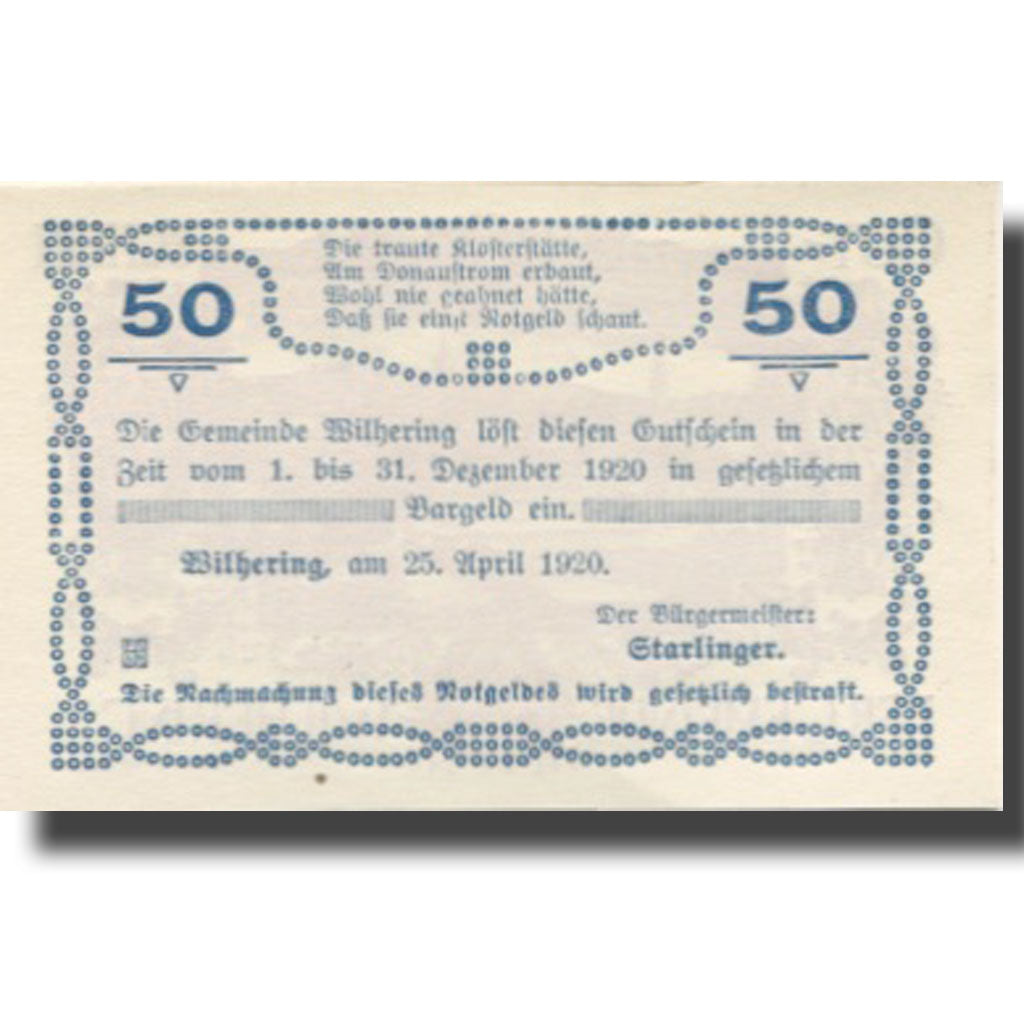 Banknote, Austria, Wilhering, 50 Heller, château, 1920 UNC(63) Mehl:FS 1236
