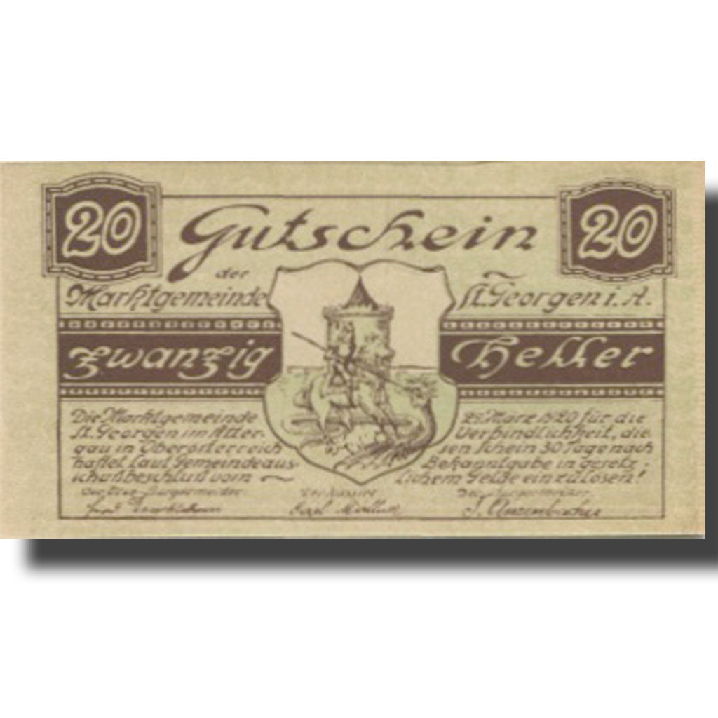Banknote, Austria, St Georgen, 20 Heller, château, 1920 UNC(63) Mehl:FS 888Ia
