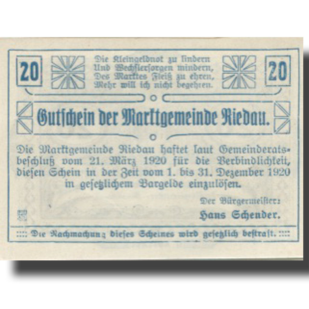 Banknote, Austria, Riedau, 20 Heller, Blason, 1920-12-31, UNC(63), Mehl:FS 837II