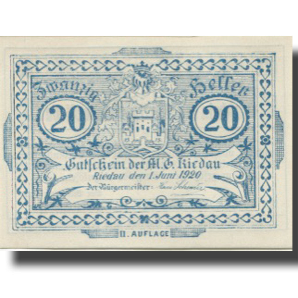 Banknote, Austria, Riedau, 20 Heller, Blason, 1920-12-31, UNC(63), Mehl:FS 837II