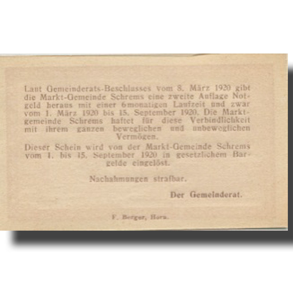 Banknote, Austria, Schrems, 10 Heller face value 1920 UNC(63) Mehl:FS 972IIa