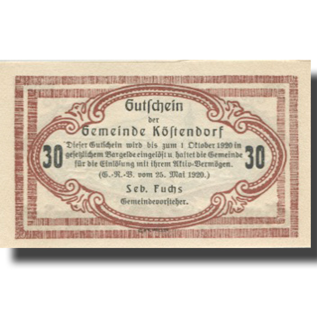 Banknote, Austria, Köstendorf, 30 Heller, village, 1920 UNC(63) Mehl:FS 469a