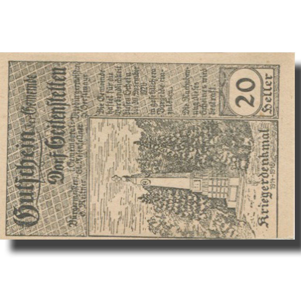 Banknote, Austria, Seitenstetten, 20 Heller, paysage, 1920, UNC(63) Mehl:FS 989