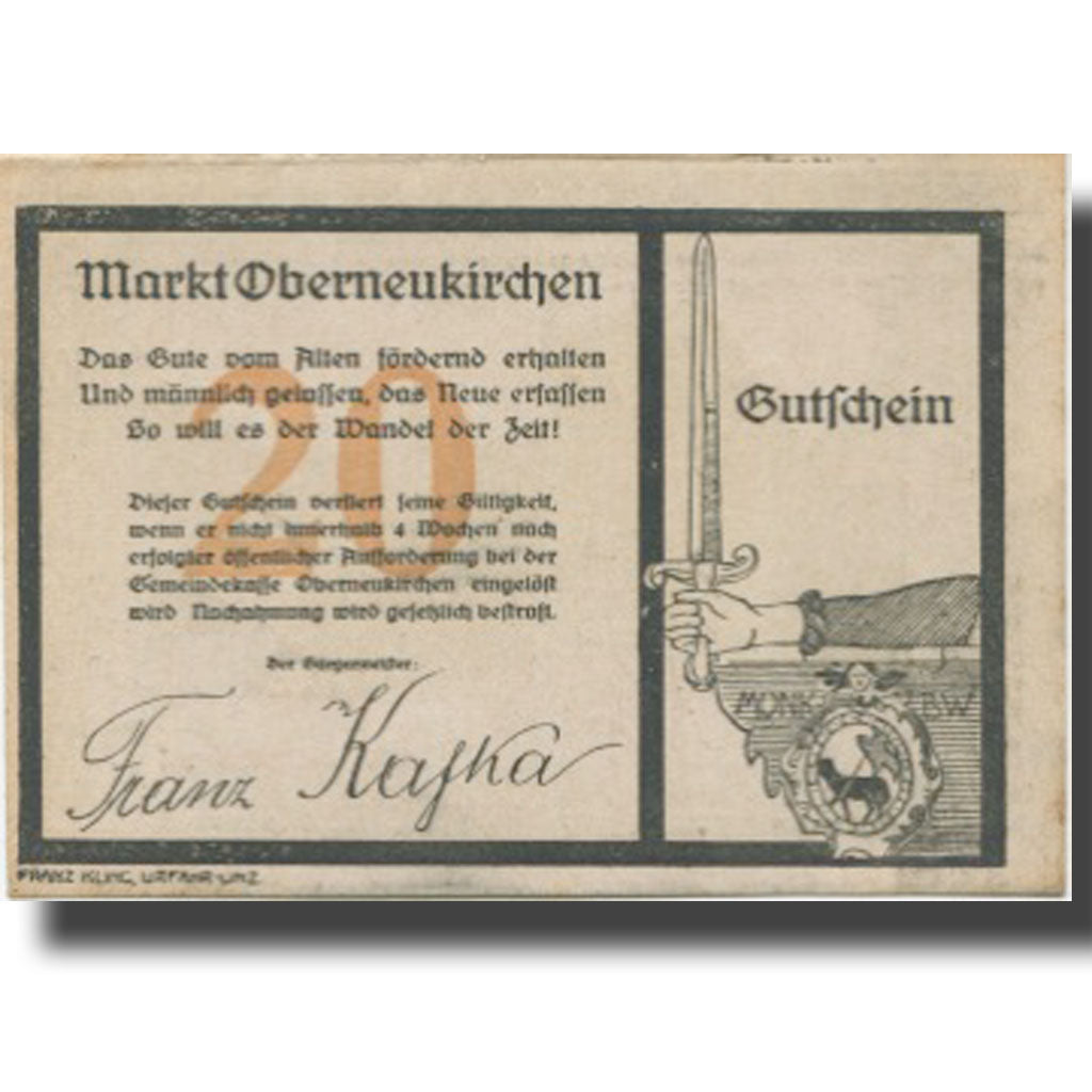 Banknot, Austria, Oberneukirchen, 20 Heller, épée, Undated, Undated, UNC(63)
