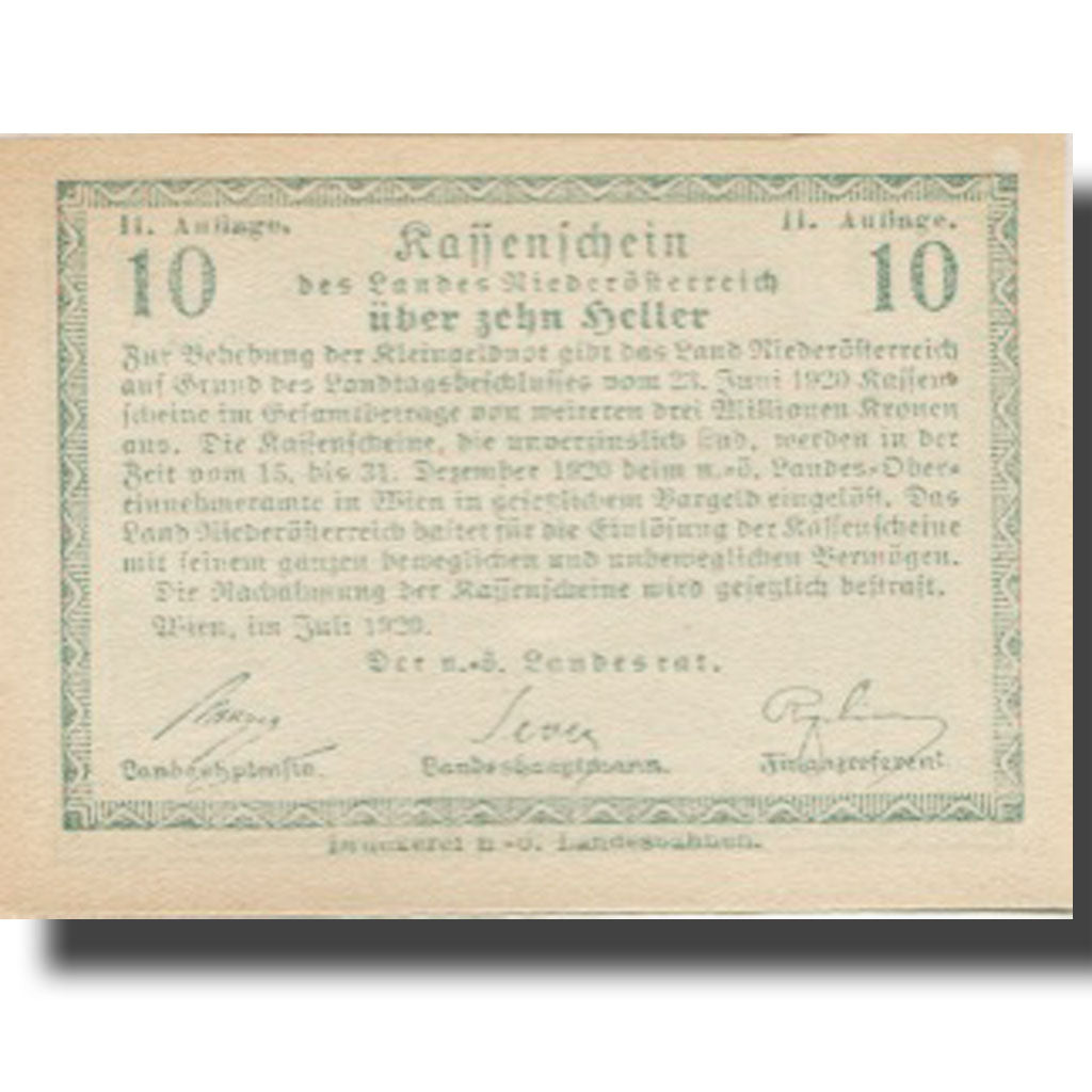 Banknote, Austria, Niederösterreich, 10 Heller 1920 UNC(63) Mehl:FS 671IIa
