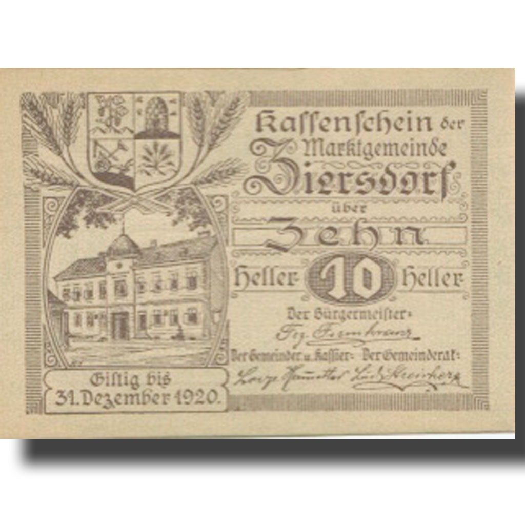 Banknote, Austria, Ziersdorf, 10 Heller, Blason, 1920, UNC(63) Mehl:FS 1276a