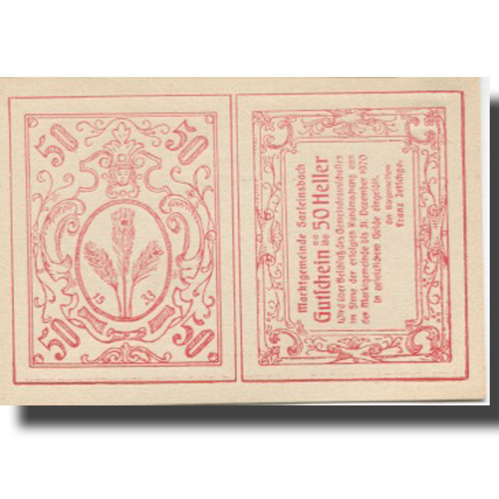 Banknote, Austria, Sarleinsbach, 50 Heller, épis, 1920 UNC(63) Mehl:FS 948a