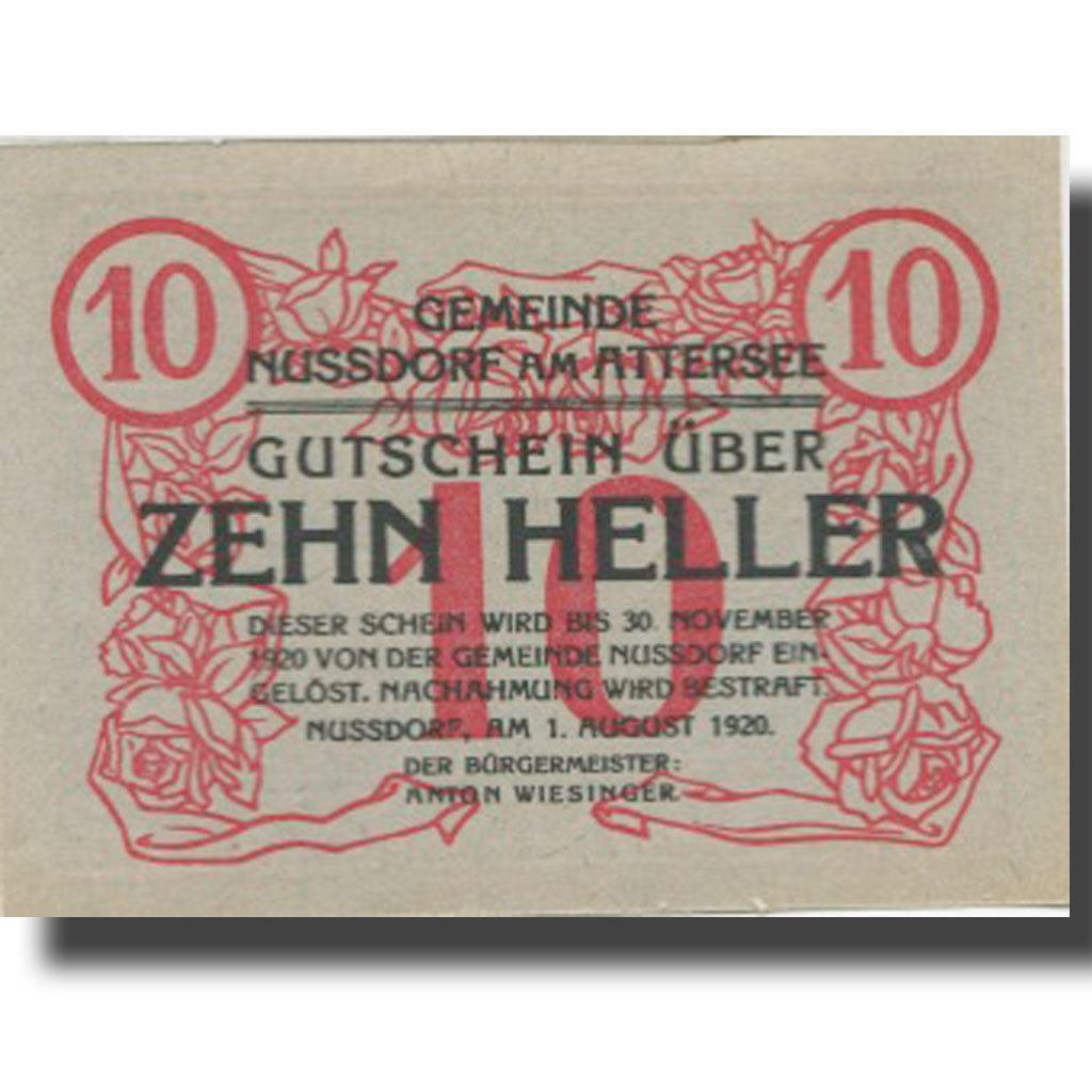 Banknote, Austria, Nussdorf 10 Heller, bateau, 1920 UNC(63) Mehl:FS 677a