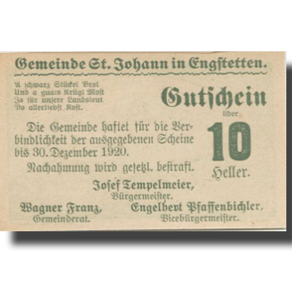 Banknote, Austria, St Johann, 10 Heller, Eglise, 1920 UNC(63) Mehl:FS 897b