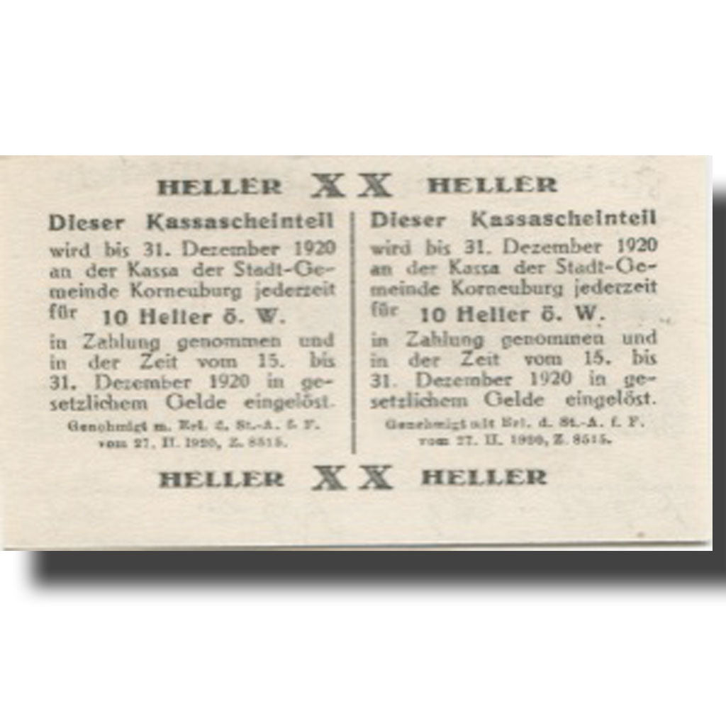 Banknote, Austria, Korneuburg, 20 Heller face value 1920 UNC(63) Mehl:FS 466a
