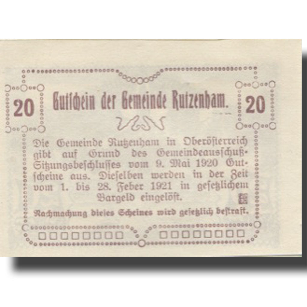 Banknote, Austria, Rutzenham, 20 Heller, Eglise, 1920 UNC(63) Mehl:FS 858Ib