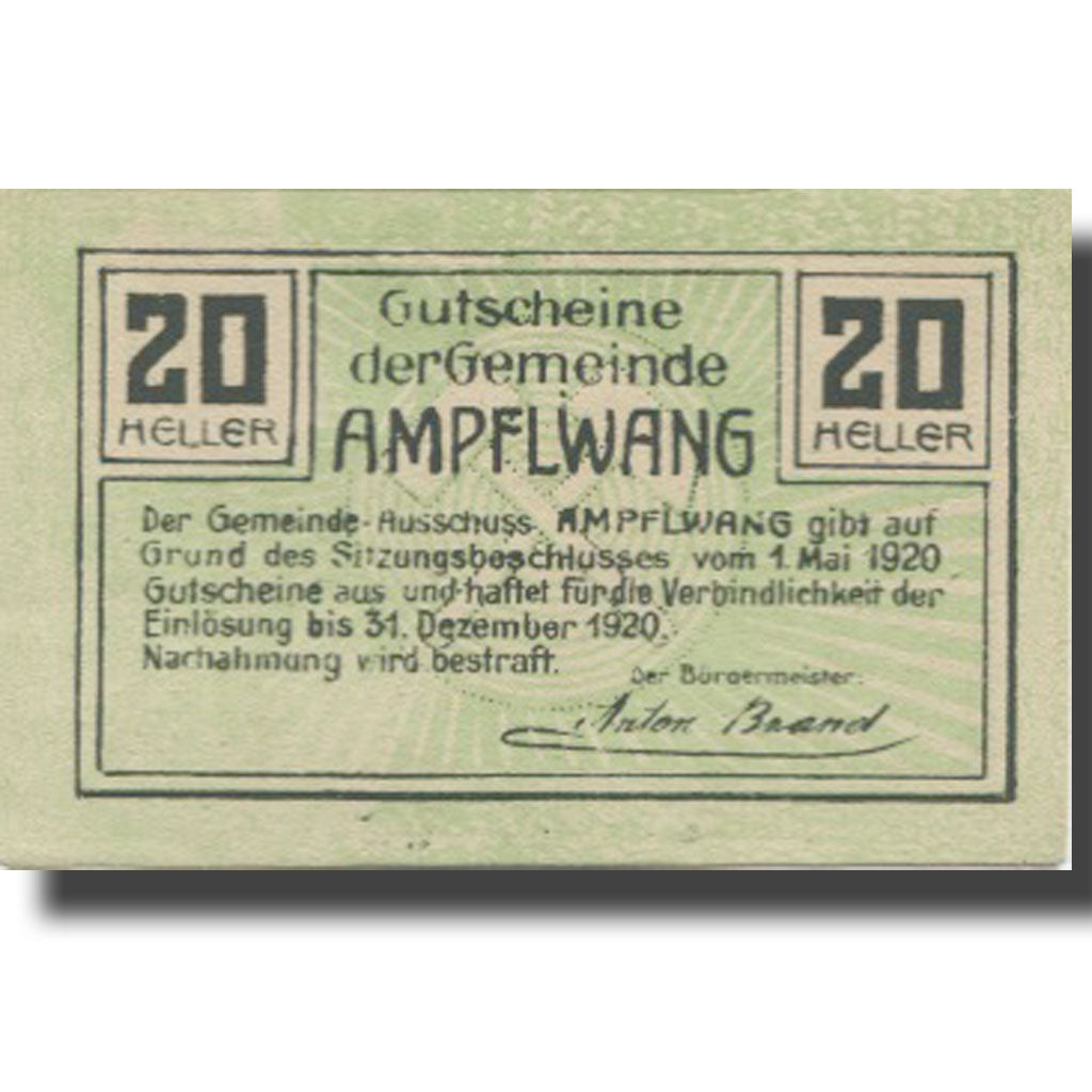 Banknote, Austria, Ampflwang, 20 Heller, Mine, 1920 UNC(63) Mehl:FS 36a