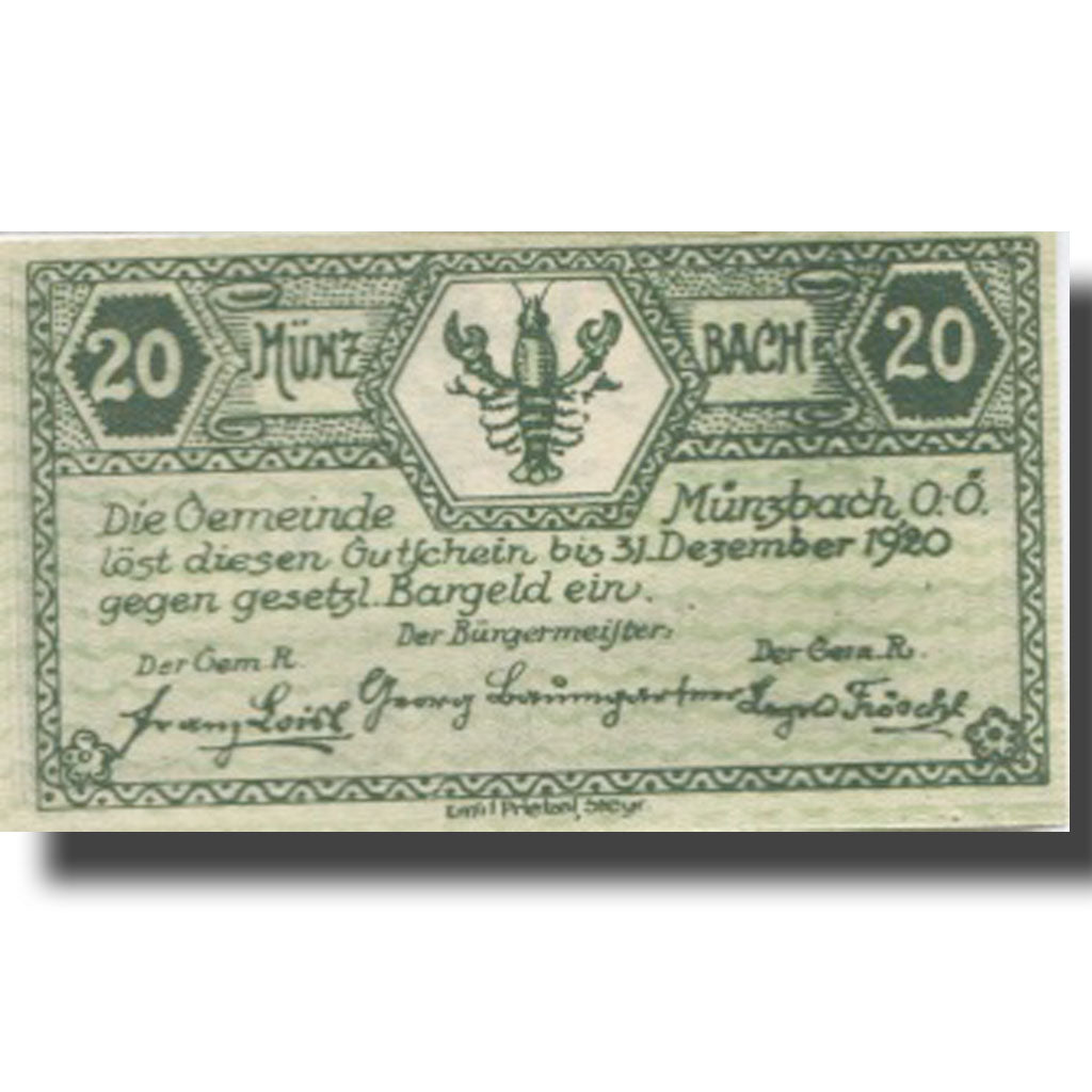 Banknote, Austria, Münzbach, 20 Heller, village 1920-12-31, UNC(63) Mehl:FS 636I