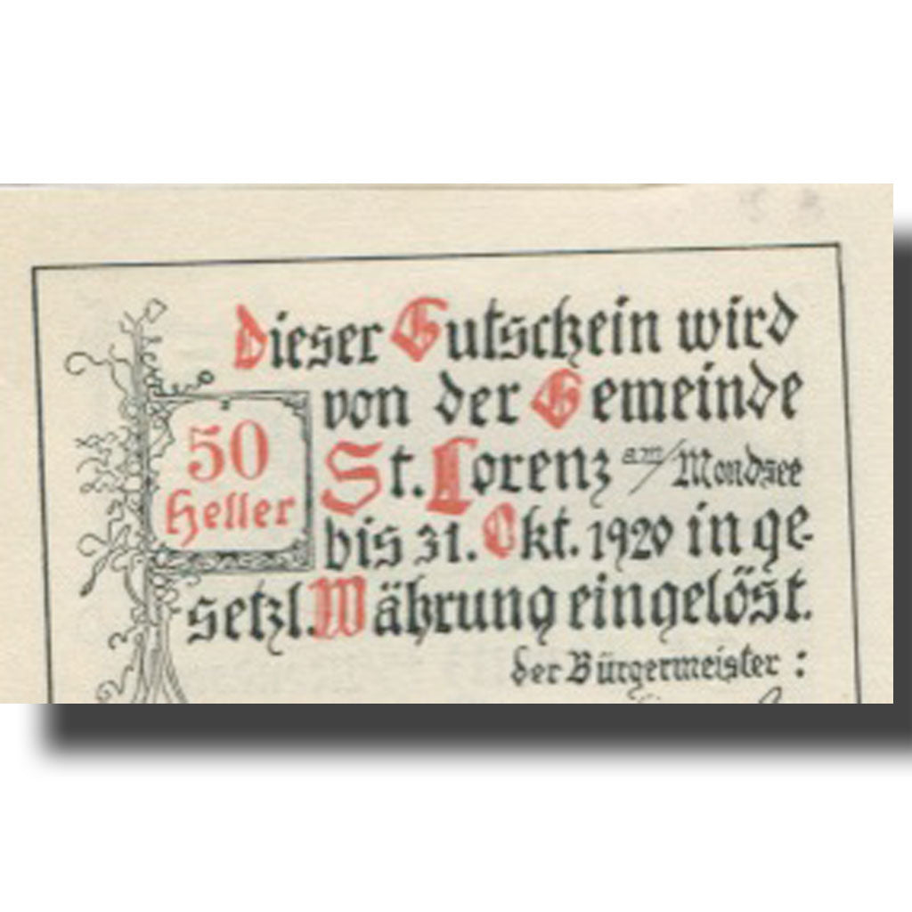 Banknote, Austria, St Lorenz, 50 Heller, montagne, 1920 UNC(63) Mehl:FS 904a