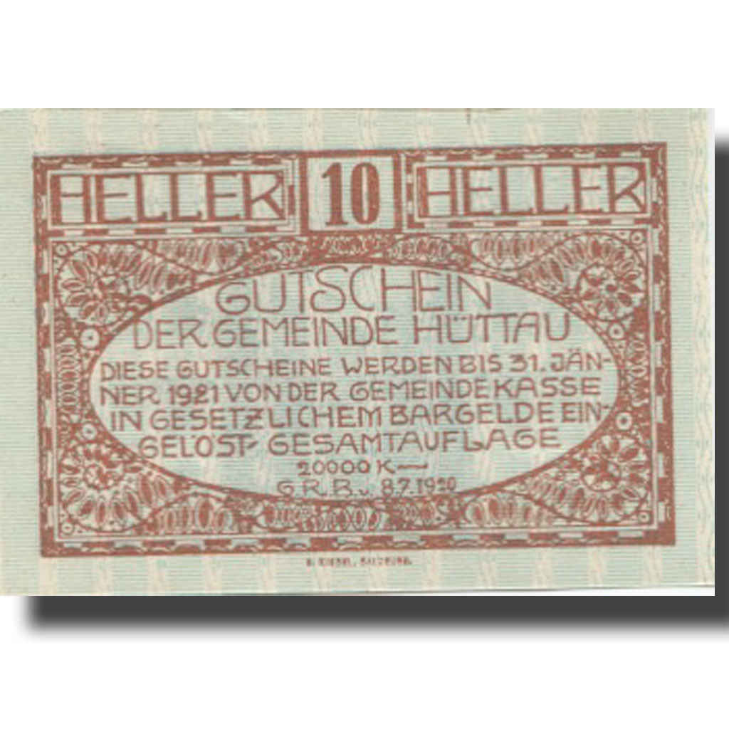 Banknote, Austria, Hüttau, 10 Heller, montagne, 1921, UNC(63) Mehl:FS 401a