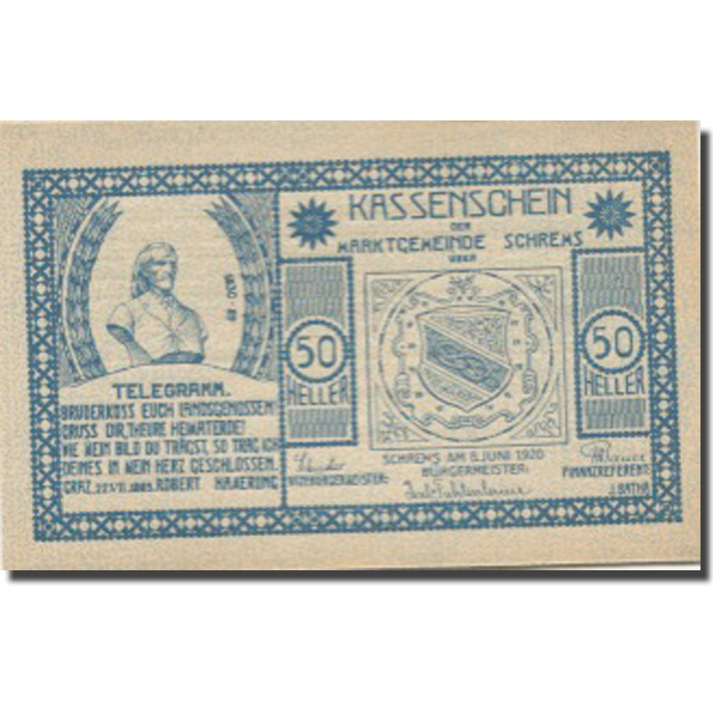 Banknote, Austria, Schrems, 50 Heller, Blason, 1920 UNC(63) Mehl:FS 972IIa