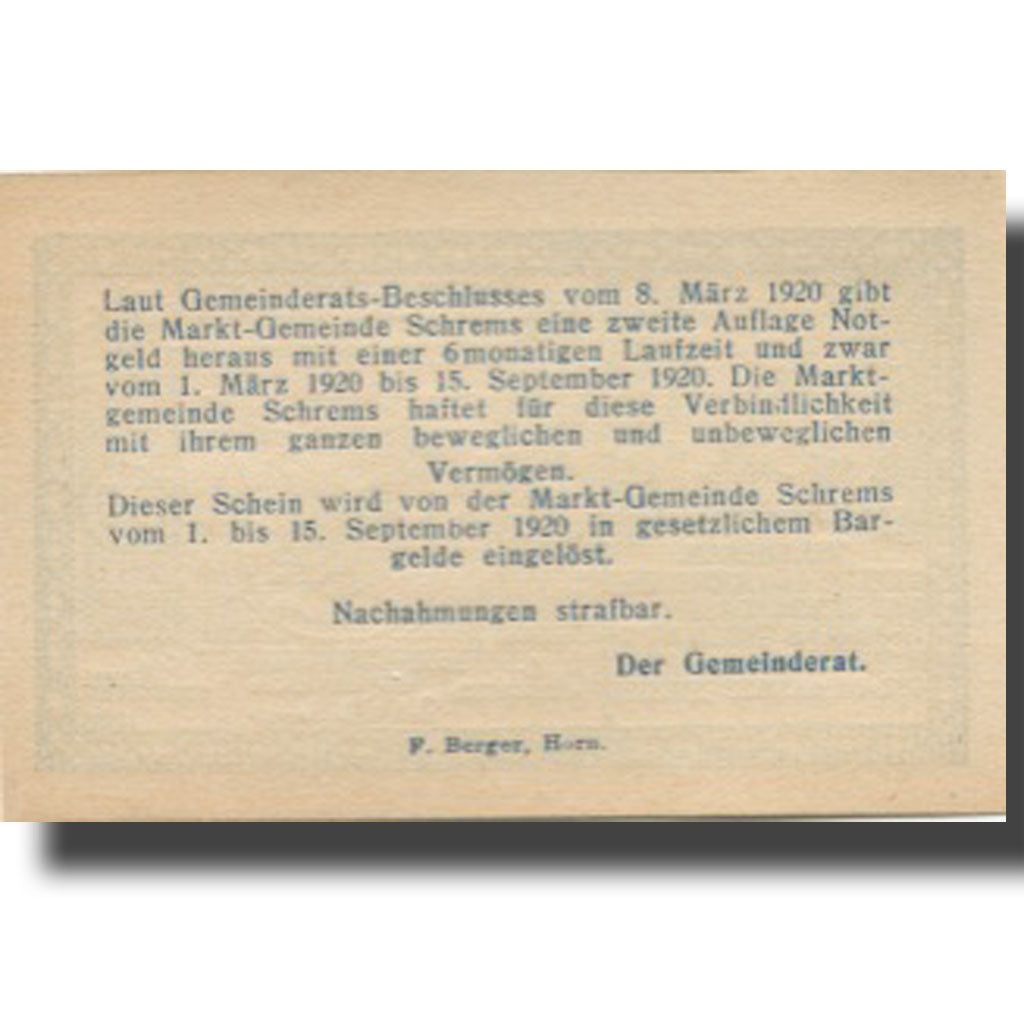 Banknote, Austria, Schrems, 50 Heller, Blason, 1920 UNC(63) Mehl:FS 972IIa
