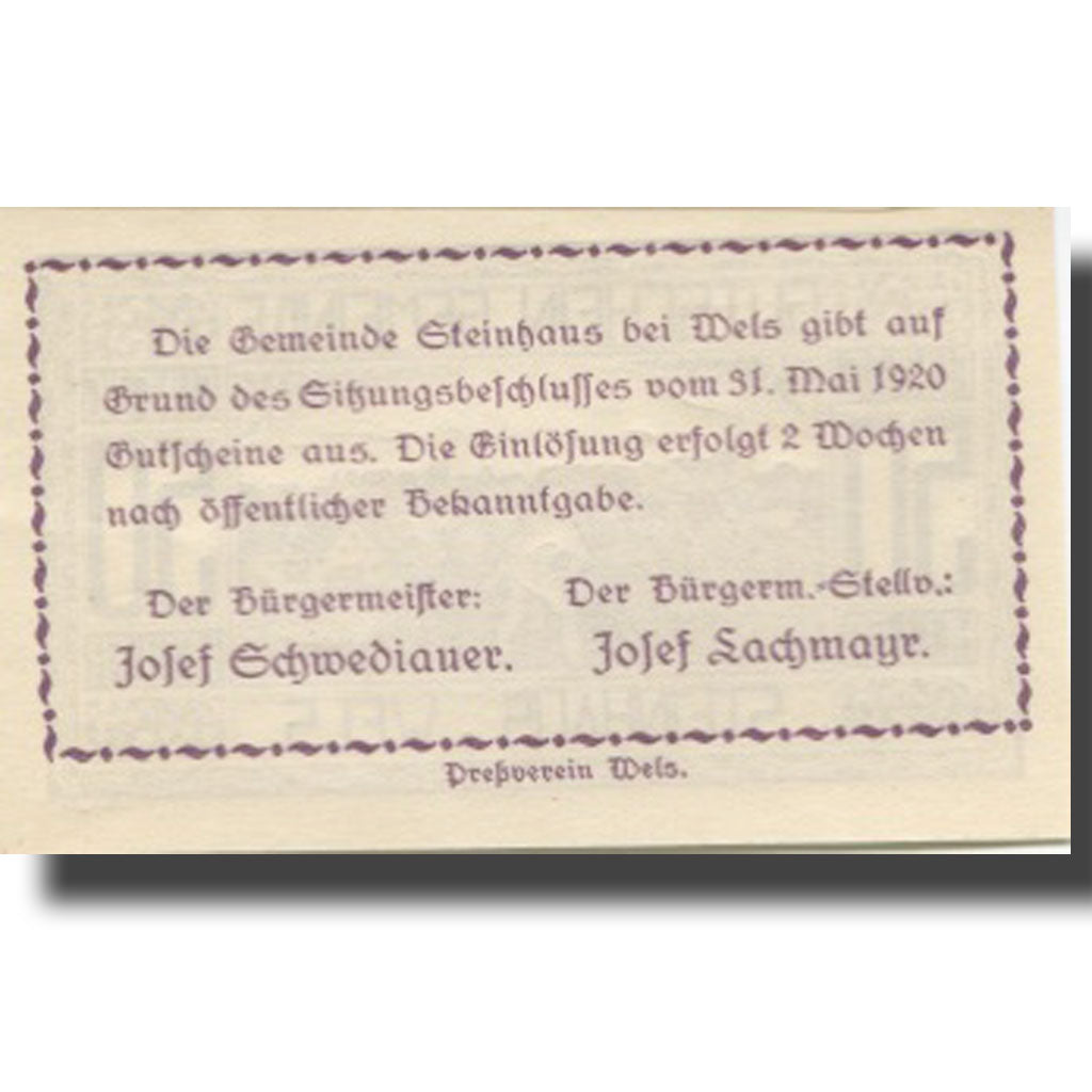 Banknote, Austria, Steinhaus, 50 Heller, champs, 1920 UNC(63) Mehl:FS 1030Ia