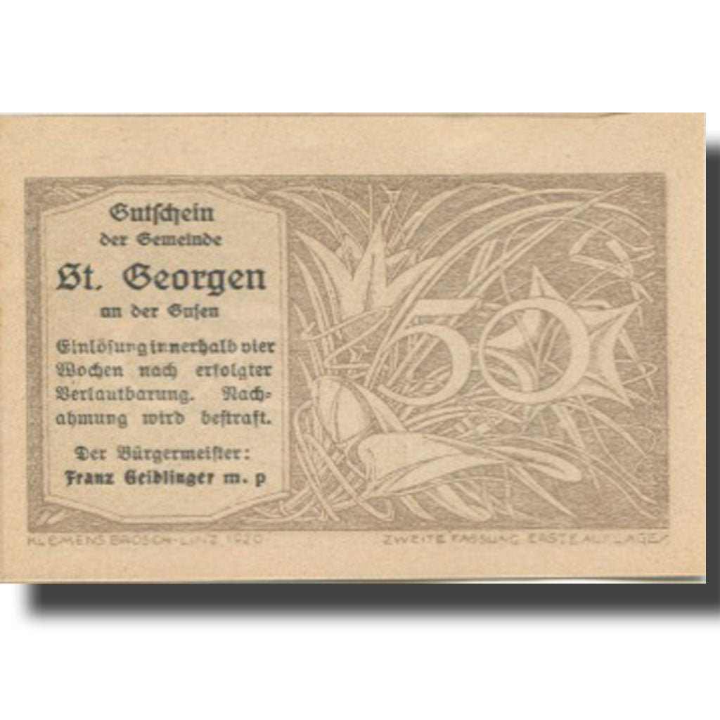 Banknote, Austria, St Georgen, 50 Heller, Fleur, UNC(63), Mehl:FS 886IIIe