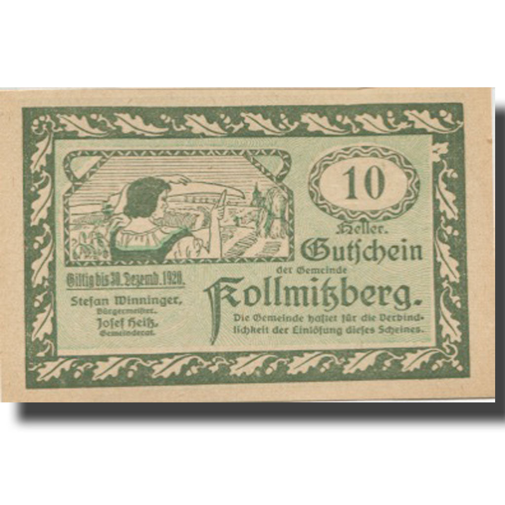Banknote, Austria, Kollmitzberg, 10 Heller, champs, 1920 UNC(63) Mehl:FS 462b