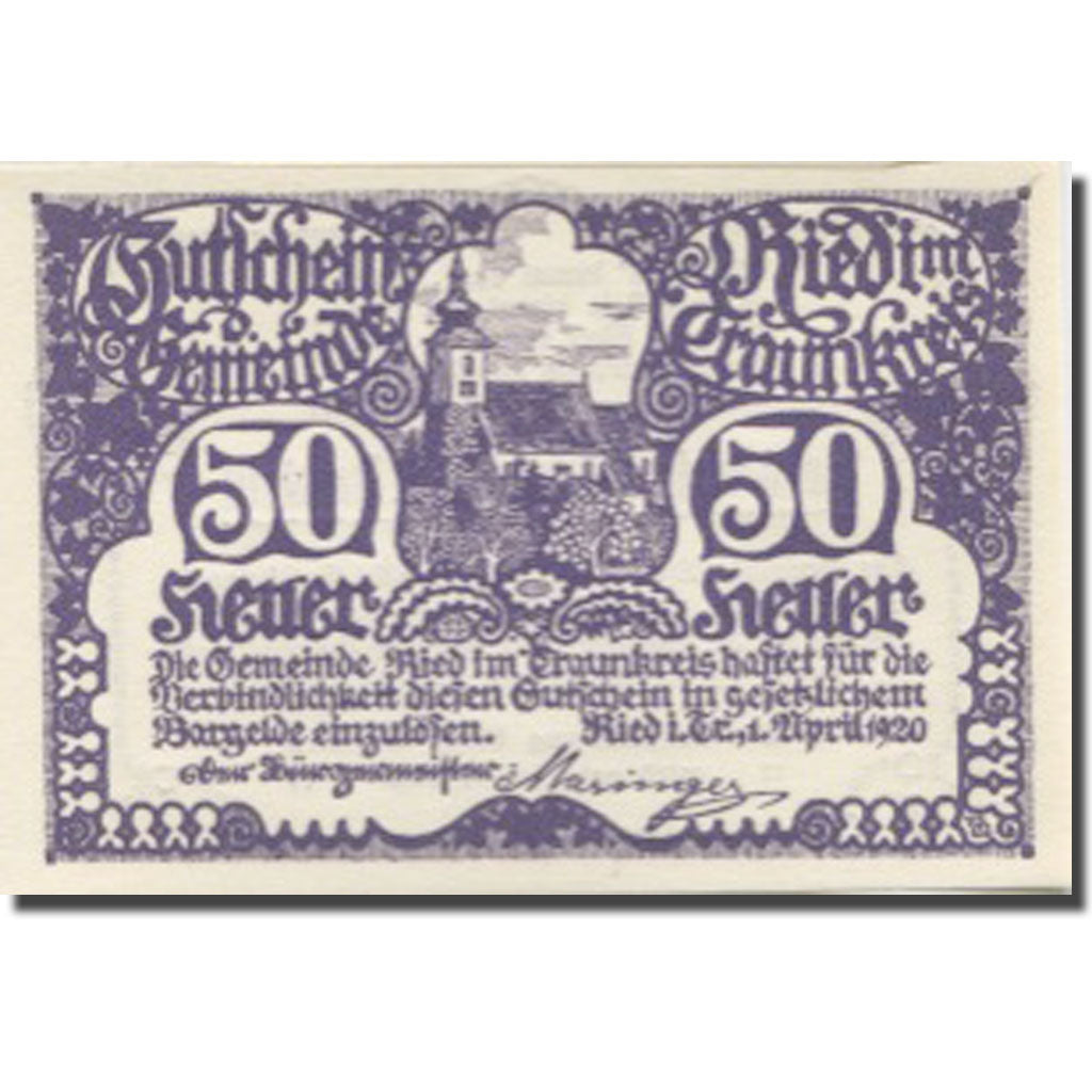 Banknote, Austria, Ried, 50 Heller, Eglise, 1920, UNC(63), Mehl:FS 836Ia