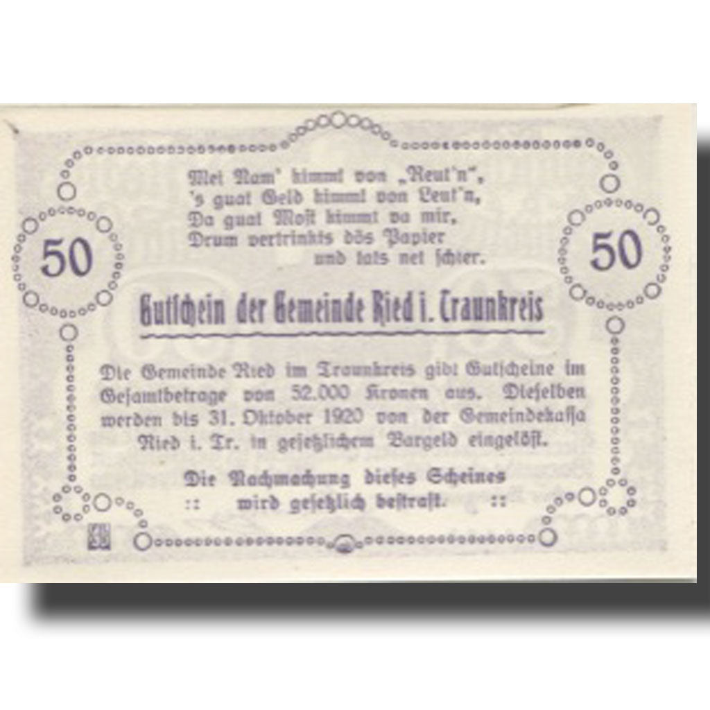 Banknote, Austria, Ried, 50 Heller, Eglise, 1920, UNC(63), Mehl:FS 836Ia