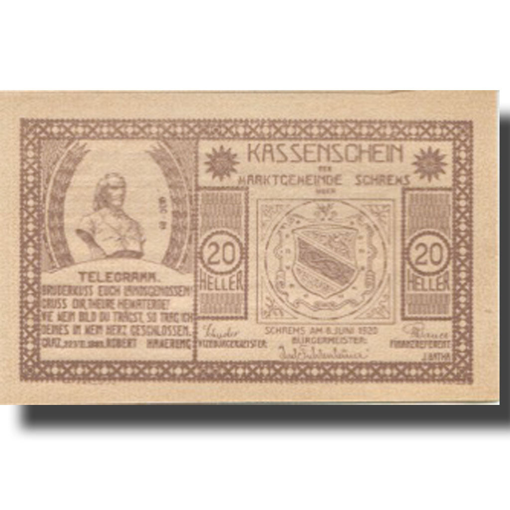 Banknote, Austria, Schrems, 20 Heller, Blason, 1920 UNC(63) Mehl:FS 972IIa