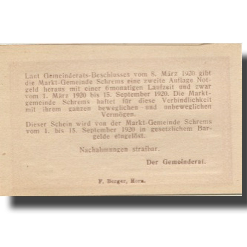 Banknote, Austria, Schrems, 20 Heller, Blason, 1920 UNC(63) Mehl:FS 972IIa