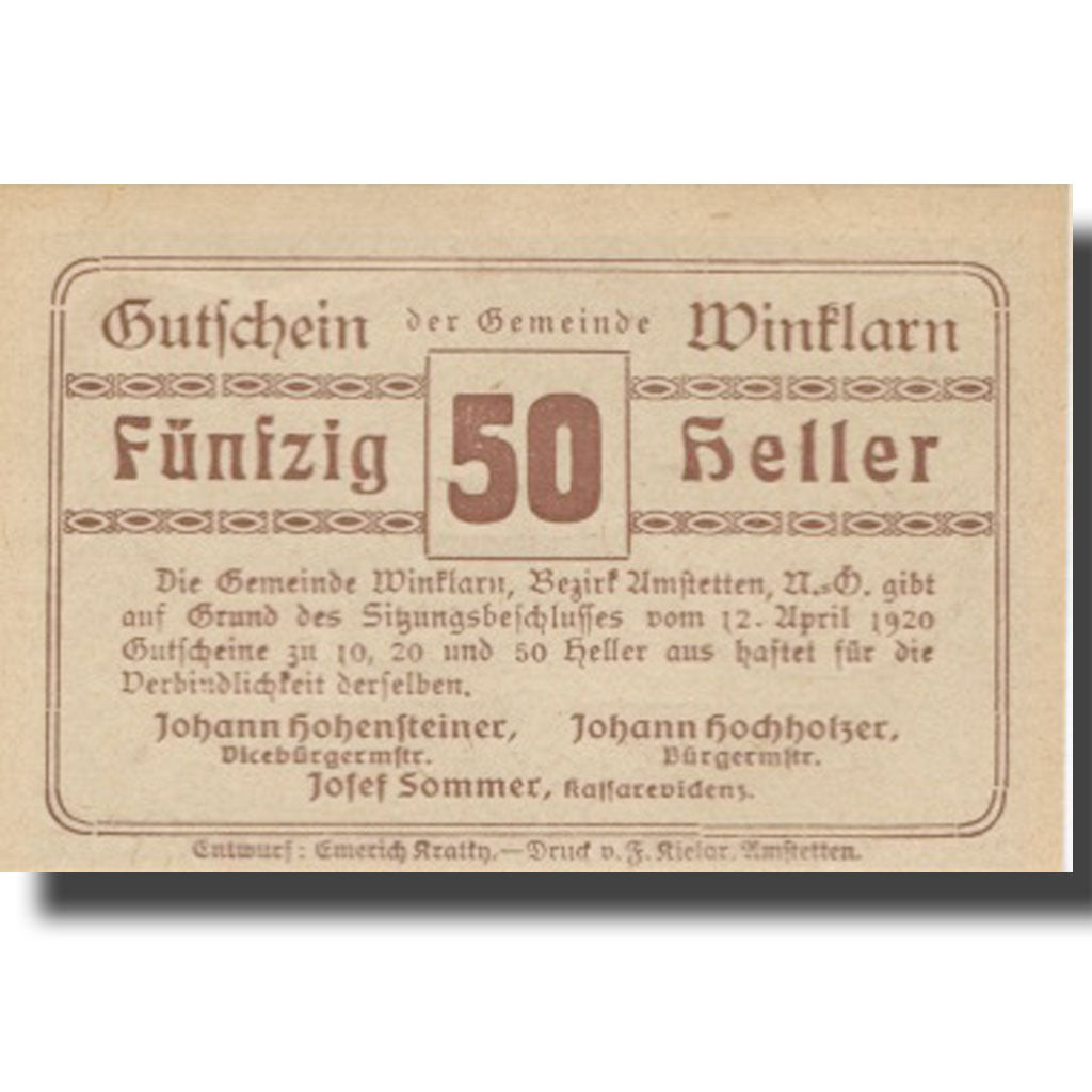 Banknote, Austria, Winklarn, 50 Heller, village, 1920 UNC(63) Mehl:FS 1246d